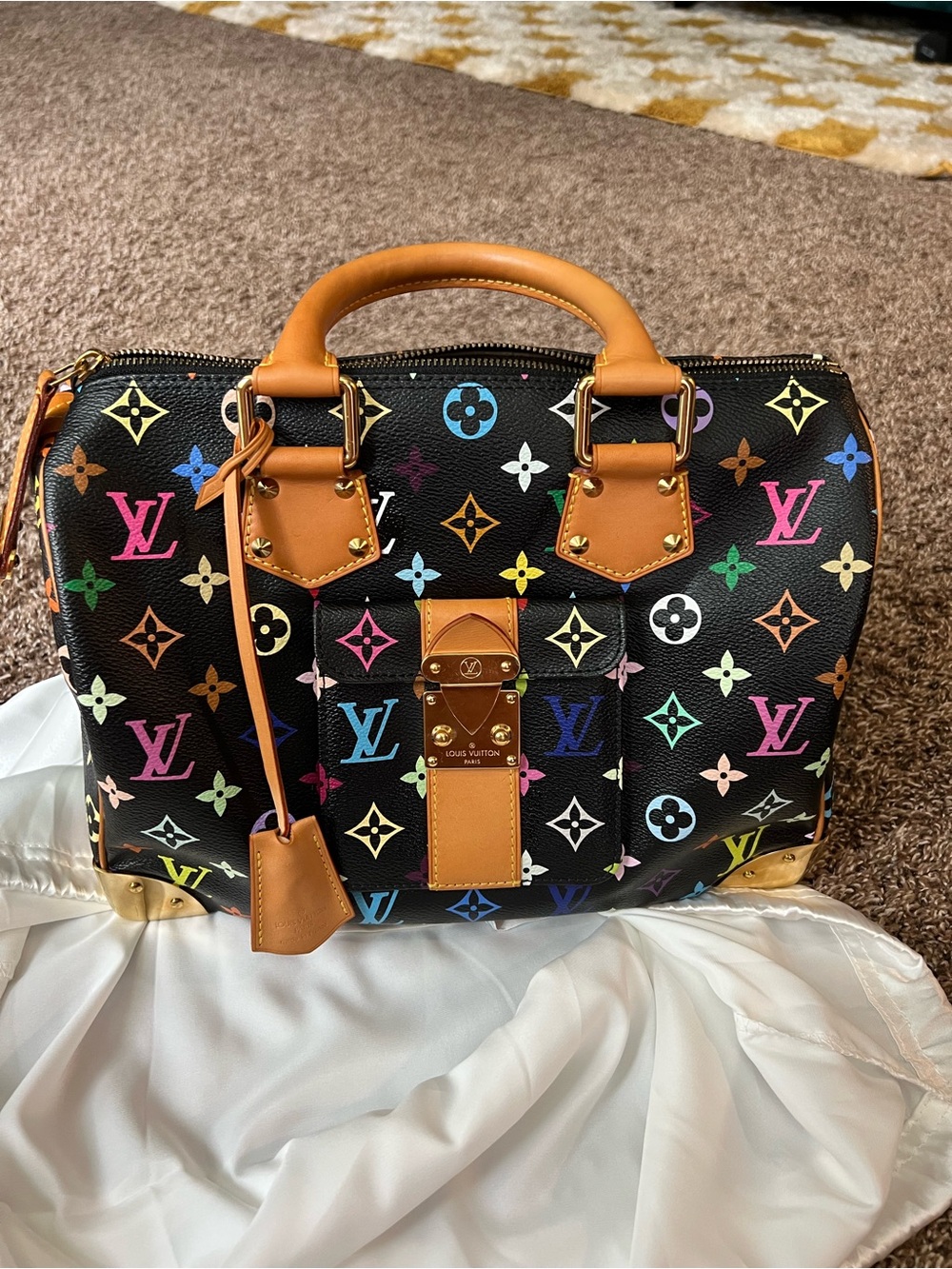 Louis Vuitton Black Multicolor Monogram Speedy Satchel with Tan Trim